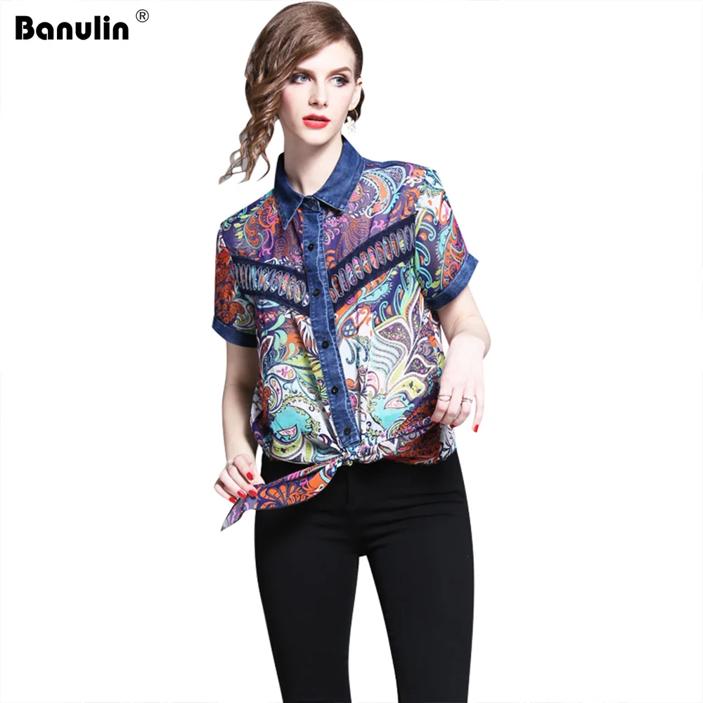 

Banulin Runway High Quality 2019 Women's Fashion Party Boho Beach Leisure Vintage Elegant Chic Flower Print Short Sleeve Shirt