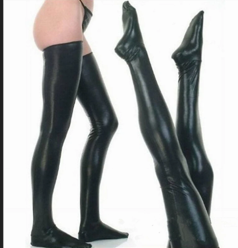 Женские сексуальные кружевные лоскутные чулки из искусственной кожи выше колена, Длинные чулки, сексуальная одежда - Цвет: Черный