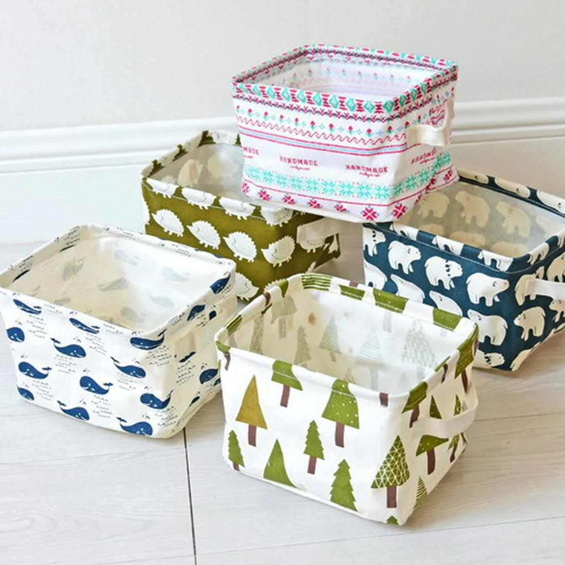 Desktop Storage Basket Cute Printing Waterproof Organizer Cotton Linen