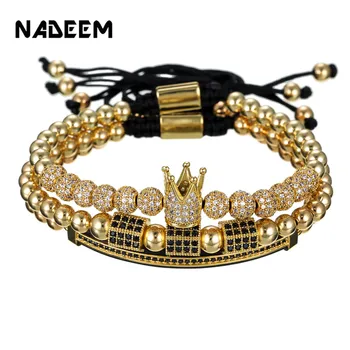 

3pcs/set Luxury CZ polygon ball crown Charm copper bead Macrame handmade men Bracelets set bracelets & bangles for Men Jewelry