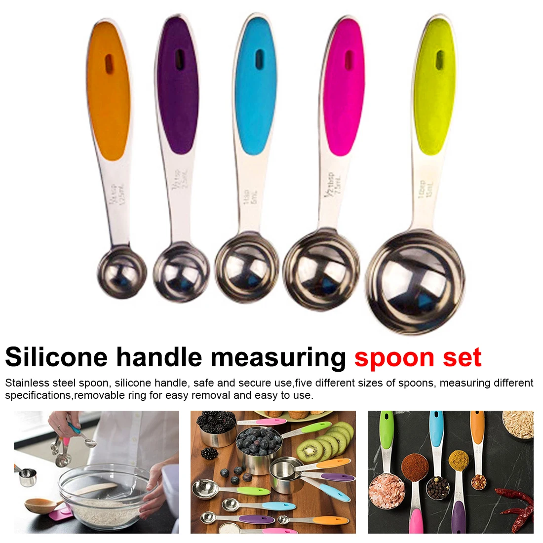 

5 pcs/set Measuring Cup Set Baking Silicone handle Measuring Tools measuring spoon set Stainless steel measuring spoon color