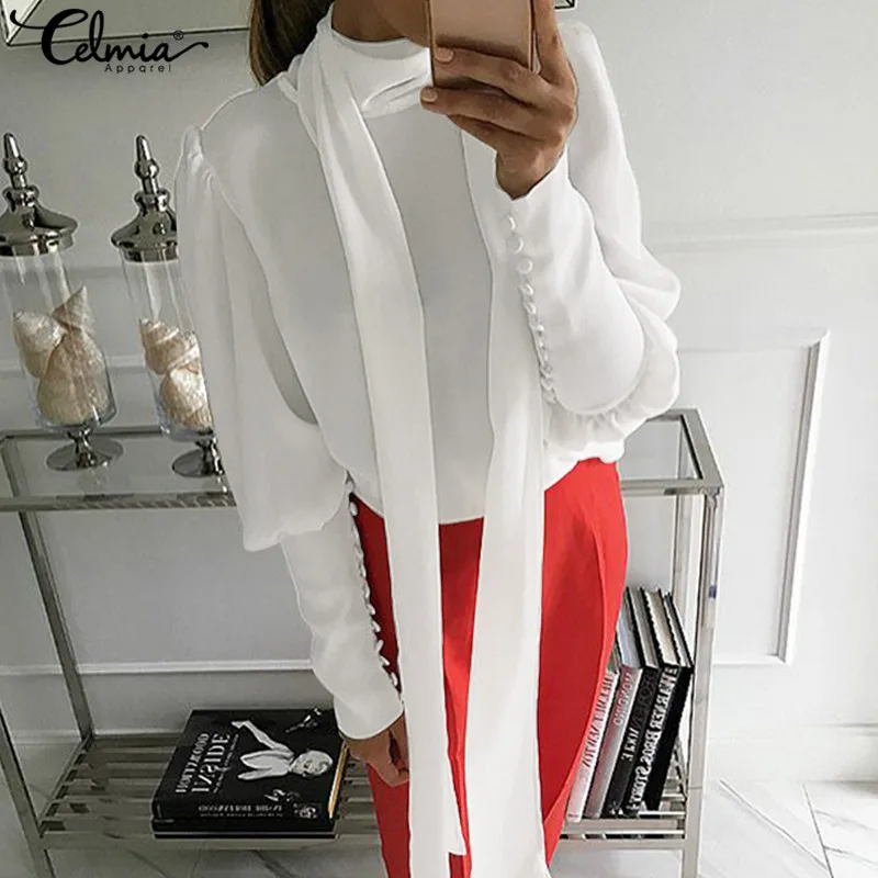 

Women White Chiffon Blouses Celmia Ladies Turtleneck Long Lantern Sleeve Work Shirts Casual Long Tie Solid Blusas Feminina S-5XL