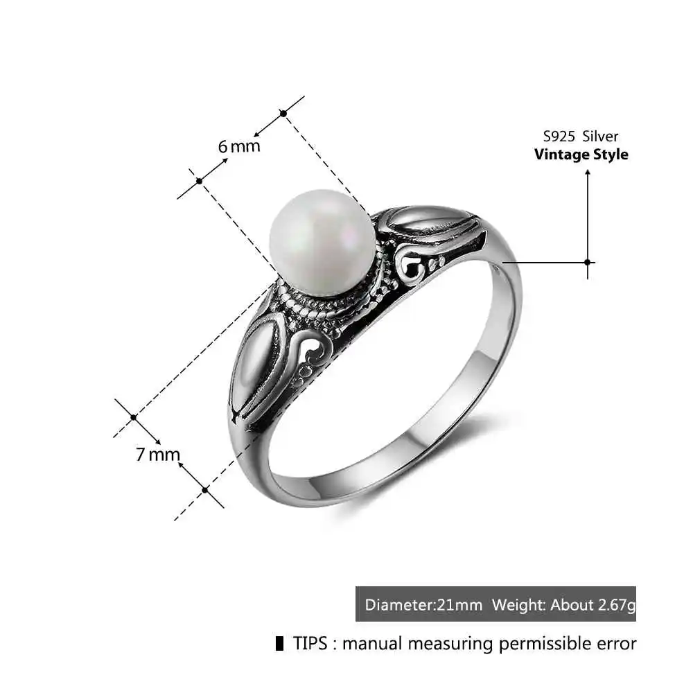New Women Solid 925 Sterling Silver Rings Vintage Pattern with Simulated Pearl Jewelry Rings Gift For Girls JewelOra RI102755