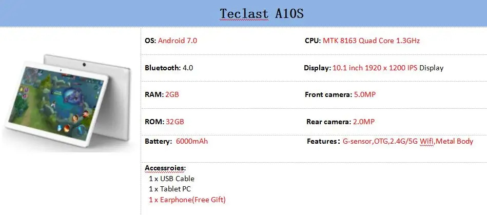 Teclast A10S планшетный ПК 10,1 ''ips Экран Android 7,0 2,4G/5G Dual Wi-Fi MT8163 4 ядра 1,3 GHz 2 GB + 32 GB Dual Cam Планшеты 6000 mAh