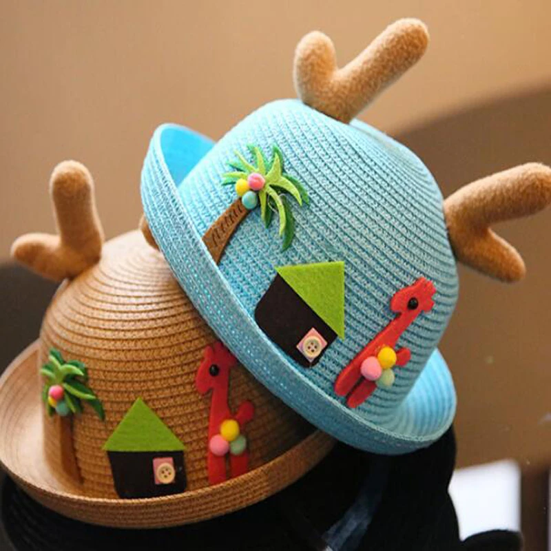Kids Summer Straw Hat Cute Cartoon Pattern Antler Sunshade Solid Color Beach Hats Sun Protection Short Brim Children Travel Cap8