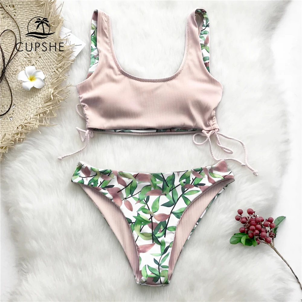 

CUPSHE Reversible Pink And Leaves Tank Bikini Sets 2019 Women Cute Drawstring Low Waist Solid Two Pieces Swimsuit