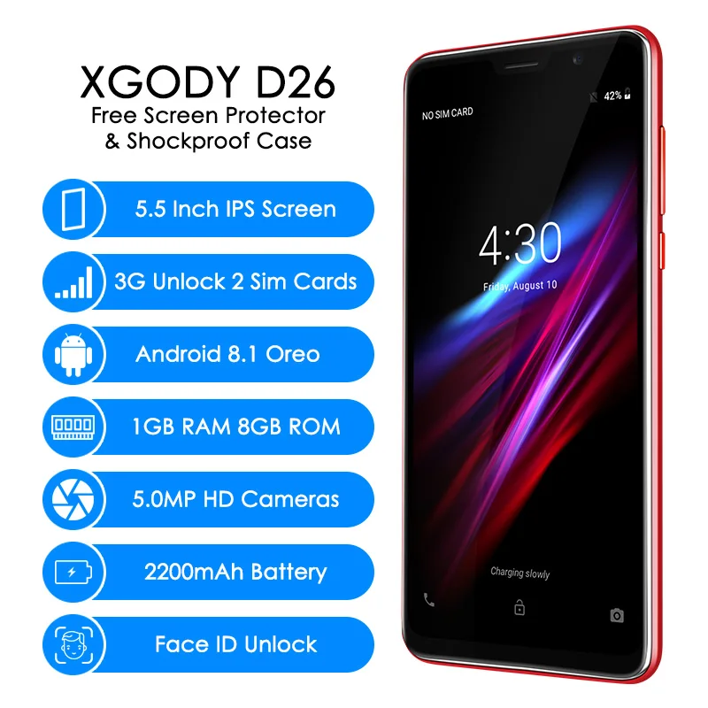 XGODY D26 Unlock 3G Dual Sim Cards Smartphone 5.5 Inch Android 8.1 Oreo Face ID Unlock Mobile Phone 2200mAh Quad Core 1GB+8GB