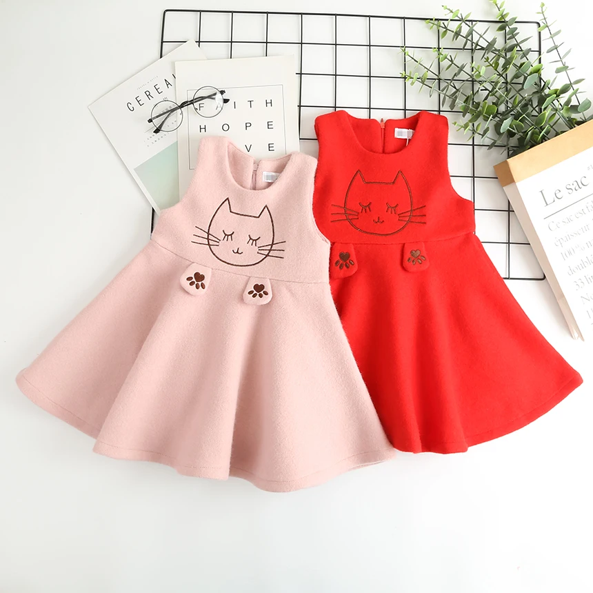 

Little Girl Cartoon Cat Wool Dress Winter Toddler Girl Princess Dress Wholesale Bulk Lots Clothes Kids Party Dress New Year 2018