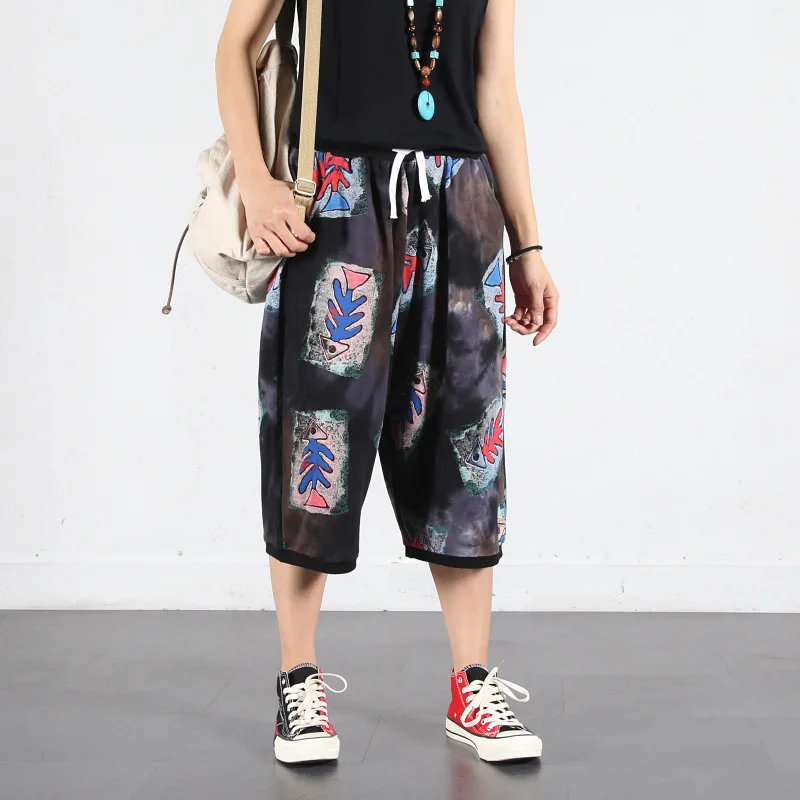 

Women Harem Pants Wide Leg Trousers Women Knit Personality Fish Bones Smudge Print Casual Drawstring Pants