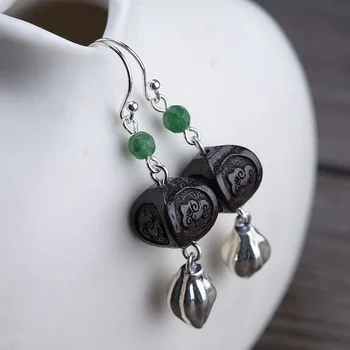 

emperor S925 silver earrings wholesale silver inlaid retro process xiangyun rosewood Malay herself with silver earrings