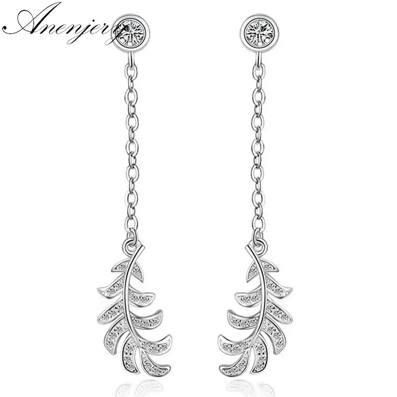 Anenjery 925 пробы серебряные ювелирные изделия блестящие CZ Циркон Листья Перо длинные кисточки Серьги pendientes oorbellen S-E352