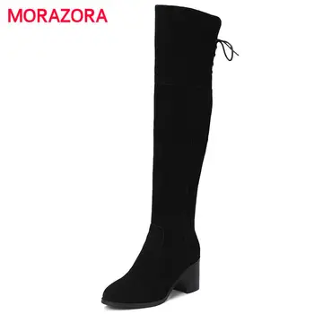 

MORAZORA 2018 new autumn winter square heel women boots round toe high heel over the knee boots fashion cow suede leather boots