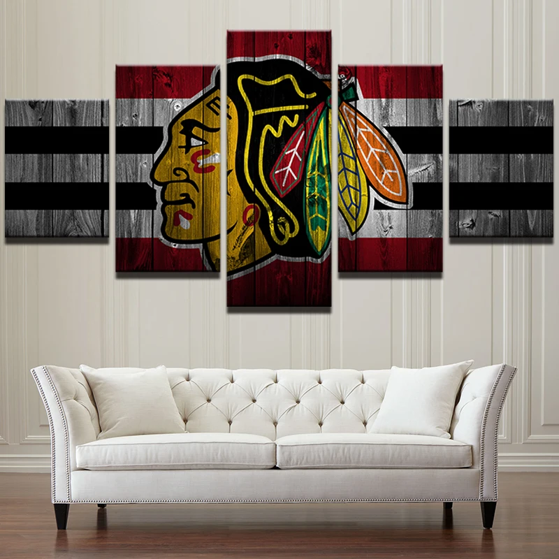 

Picture Frame Modern Decor Style Printed Poster Living Room 5 Panel Ice Hockey Sports Blackhawk Wall Art Canvas Painting PENGDA