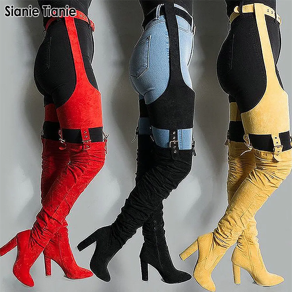 

Sianie Tianie Rihanna Flock High Boots Winter Over Knee Fashion Heeled Boots Strap Solid Pointed Toe Square Heel Zip Pants Boots