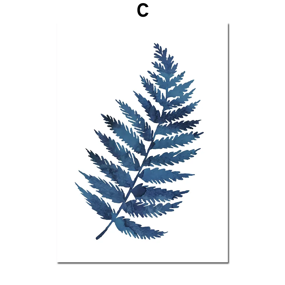 Синий свежий лист, настенная живопись на холсте, растительное искусство, скандинавские плакаты и принты, акварельные настенные картины для декора гостиной - Цвет: C