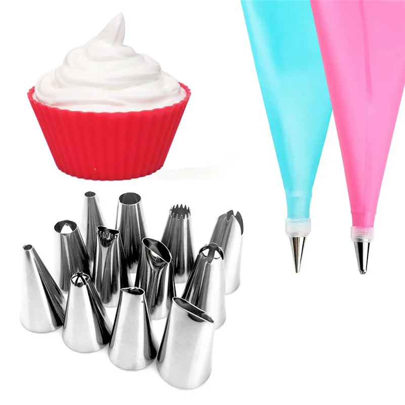 14PCS/SET Silicone DIY Icing Piping Cream Pastry Bags + 12PCS Nozzle Set Cake Decorating Tools Mould + Coupler Converte 14PCS/SET Silicone DIY Icing Piping Cream Pastry Bags + 12PCS Nozzle Set Cake Decorating Tools Mould + Coupler Converte
