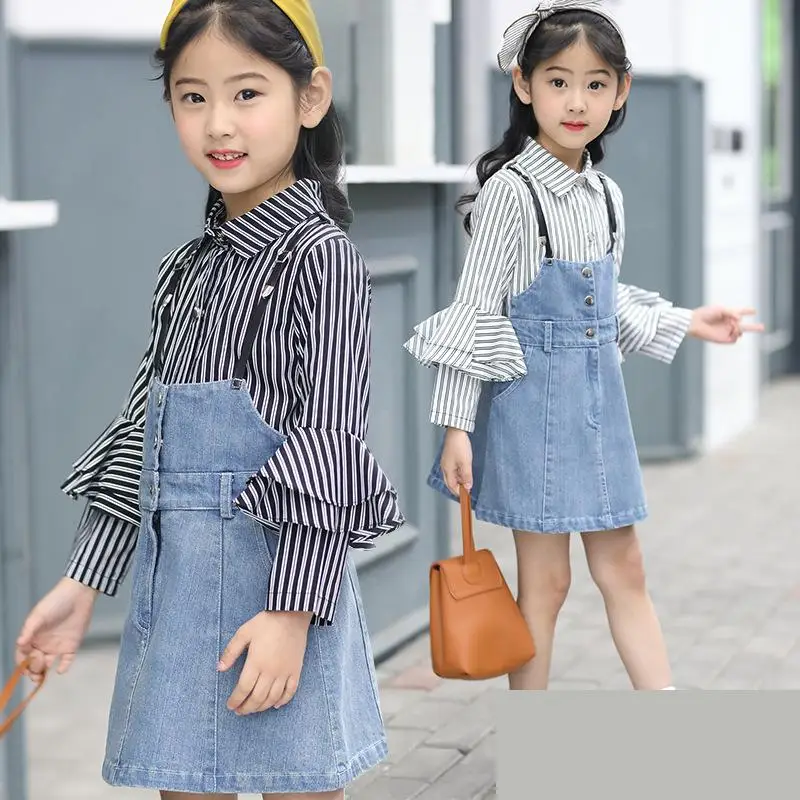 

2018 Spring Children Wear Baby Girls Long Sleeved Striped Shirts + Denim Princess Dress 2 Pcs Clothing Set Fashion New Kids Suit