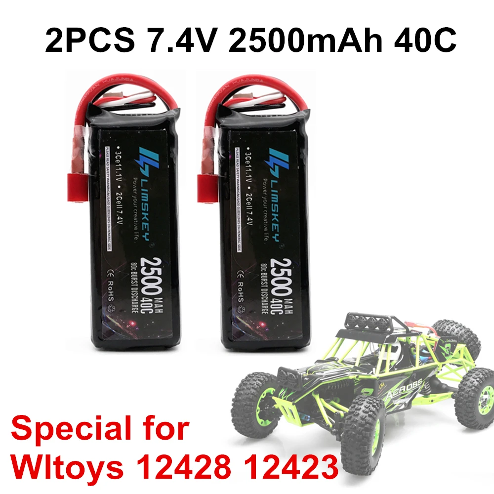 

Limskey 2PCS RC Lipo Battery 2S 7.4V 2500mah 40C Max 80C for Wltoys 12428 12423 1:12 RC Car Spare parts