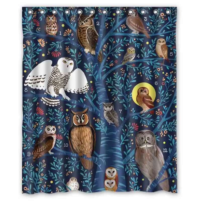 Bird Owl Tree Waterproof Shower Curtain Home Bathroom Curtains with 12