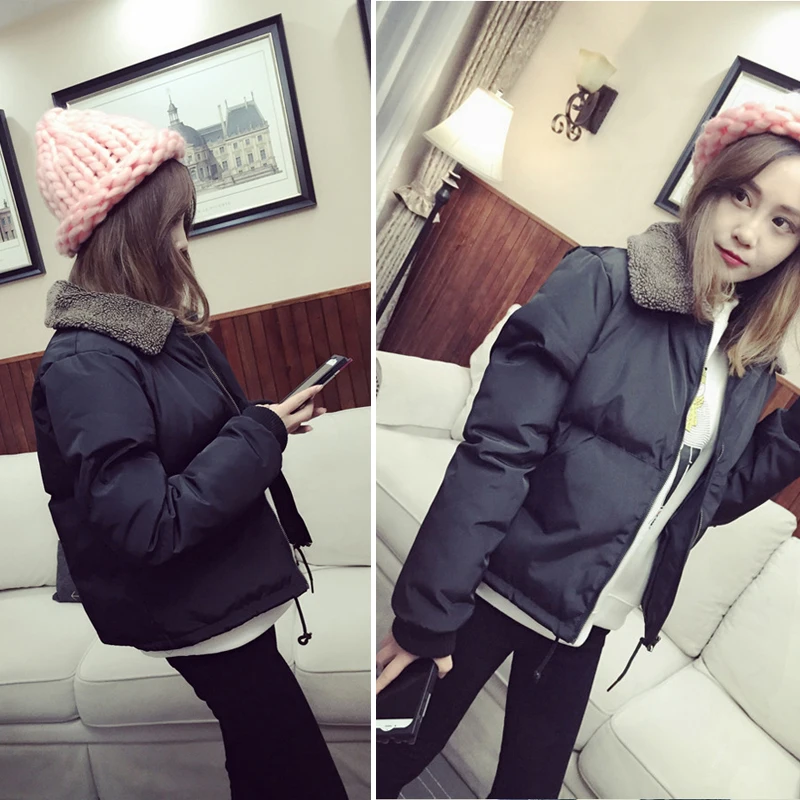 Lamb Fur Coat Short Down Parka Puffer Jacket Bubble Coat Korean Hat Kawaii Women Winter Coats Ropa De Invierno Para Mujer 2018