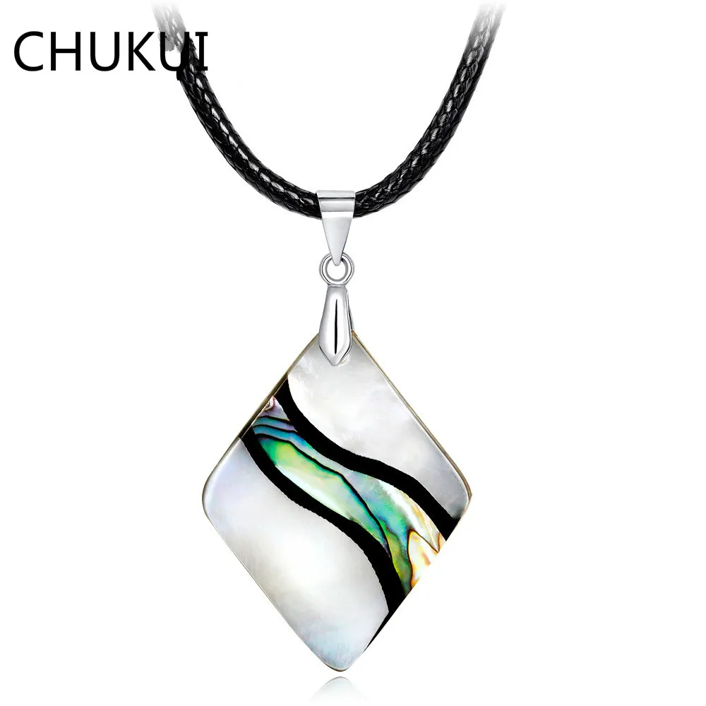 

CHUKUI Women Custom Leather Chains Necklaces Natural Abalone Shell Geometric Square Pendant Necklace Silver Choker Jewelry