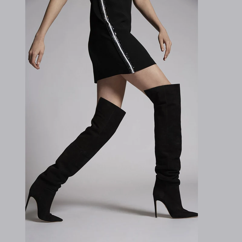 

Eunice Choo Flock Slip On Pleated Long Boots Over The Knee Cut Out High Heels Autumn Women Boots Pointed Toe Lady Leather Shoes