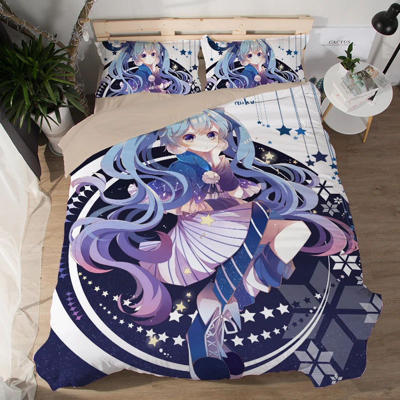 Japanese Anime Magical Mirai Hatsune Miku Bedding Set Bedcover Pillow Case 3/4PCS girls duvet cover sets cartoon blue bedclothes