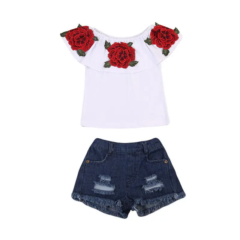 

Fashion Pretty Toddler Kids Baby Girls 3D Flower Tops Denim Hot Pants Outfits Clothes