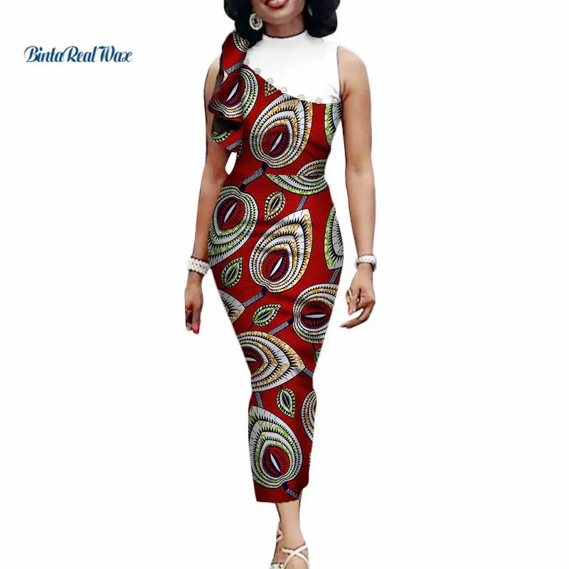 Новая африканская принтом длинные платья для Для женщин Базен Riche лоскутное прямо жемчуг драпированное платье Африканский Костюмы Vestidos WY3416