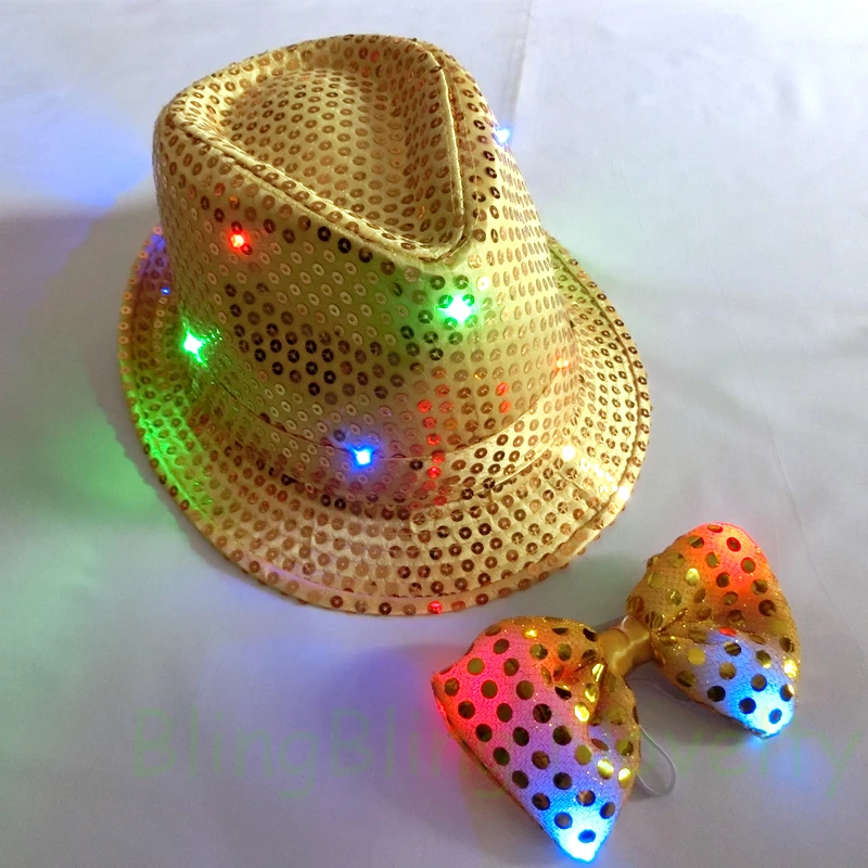 Свадебная вечеринка пользу для взрослых Размеры мигающий светодиод загорается фетровая шляпа и галстук комплект