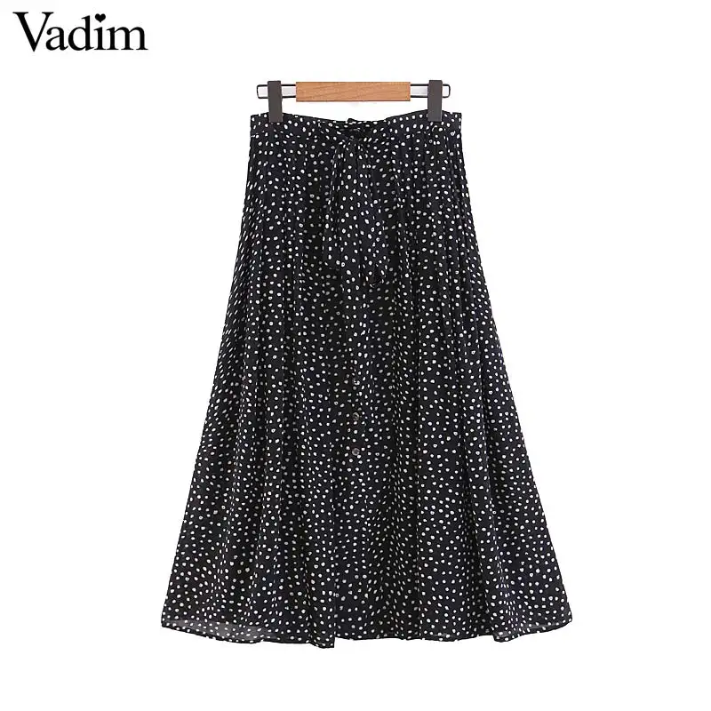 Черная шифоновая юбка миди с принтом в горошек faldas mujer с завязками на талии и пуговицами, женские повседневные шикарные плиссированные юбки BA430