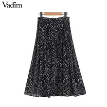 Черная шифоновая юбка миди с принтом в горошек faldas mujer с завязками на талии и пуговицами, женские повседневные шикарные плиссированные юбки BA430