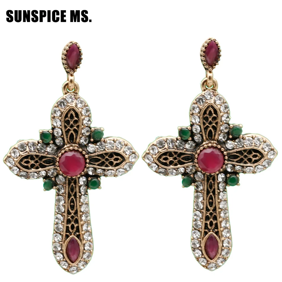 

Elegent Vintage Turkish Cross Long Dangle Earrings For Women Antique Gold Color Elements Ethnic Religion Royal Jewelry 2018