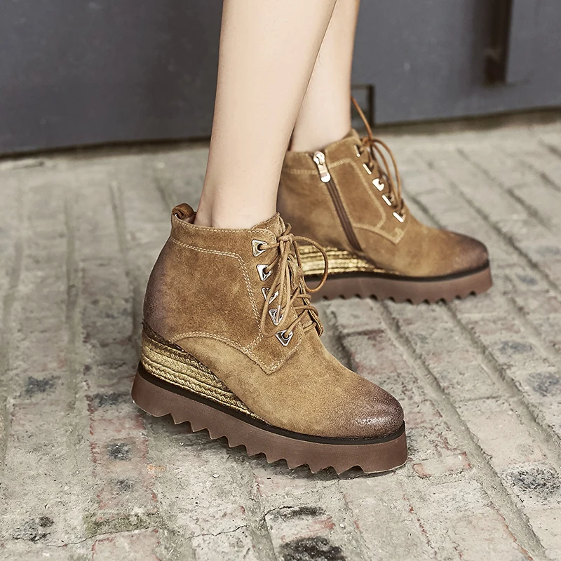 Chaussures À Appartements Loisirs Rivet Black Plate De forme Punk Daim Wedge Chanvre Véritable Martin Court Lacets Bottines Cuir Bottes Femmes Chaussons 0zPUwF0q