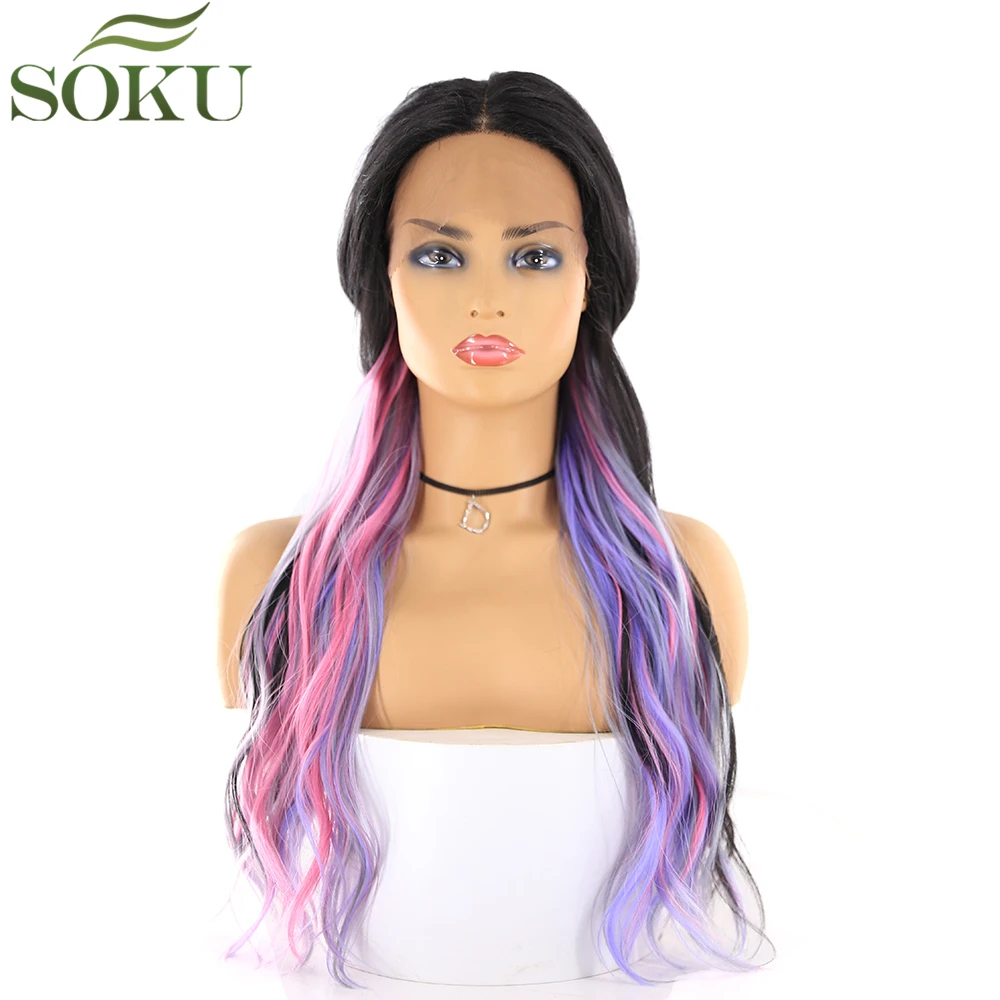 SOKU черный фиолетовый розовый синтетический парик на кружеве 20 дюймов средняя часть бесклеевой кружевной передний парик для женщин длинные волнистые волосы парики - Цвет: S2 1B PASTEL