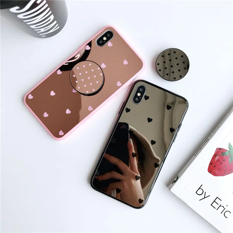 

Mirror Phone Case For iPhone11 pro 6 6s 7 8 Cute Love Heart Soft TPU Cover For iPhone XR X XS XMAX With Bracket Phone Coque Capa