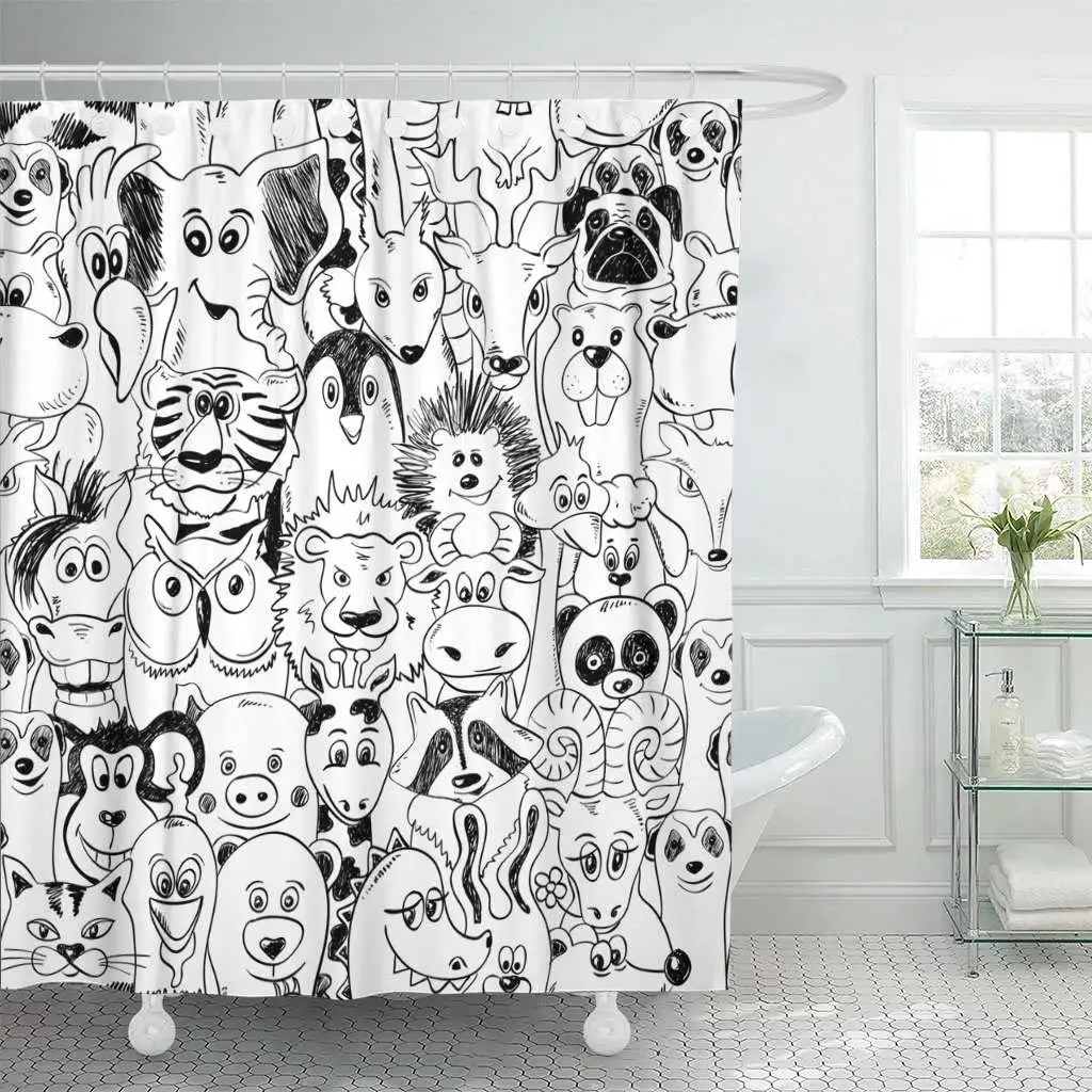 

Shower Curtain Cartoon Black and White Psychedelic with Funny Animals Abstract Graphic Horse Meerkat Bathroom Curtains