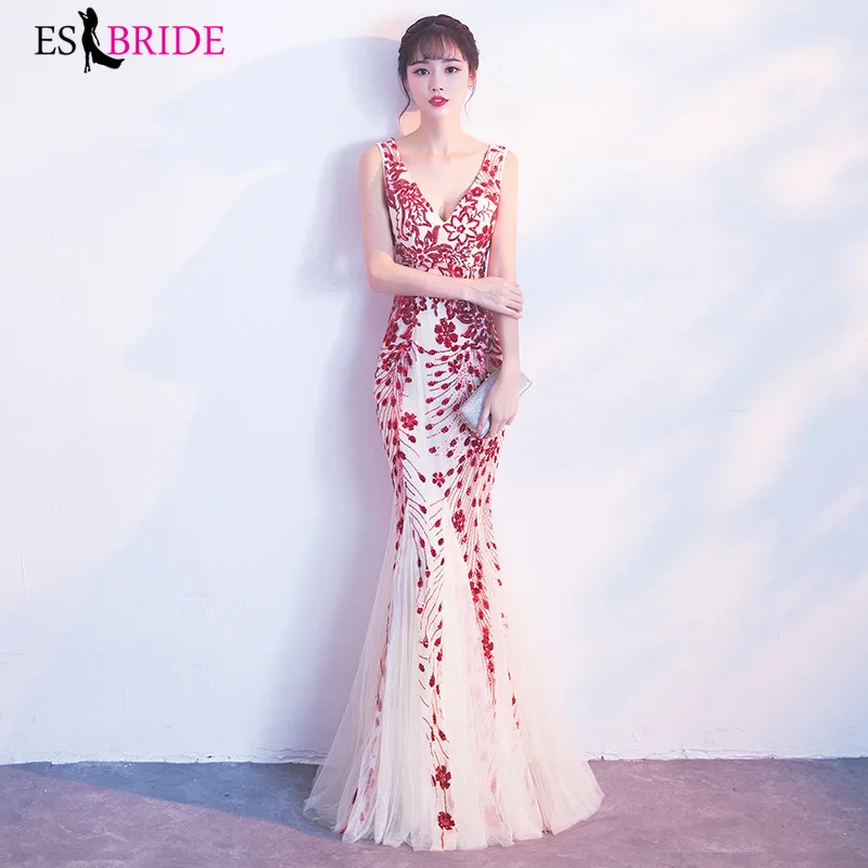 

Women Elegant Evening Dresses V-neck Mermaid 2019 Red Lace Printing vestidos de fiesta de noche Formal Party Dresses ES1284