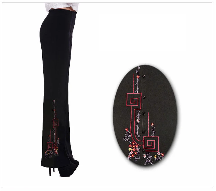 Китайские традиционные женские расклешенные брюки с цветочной вышивкой, брюки M, L, XL, XXL, 3XL, 4XL - Цвет: design 4