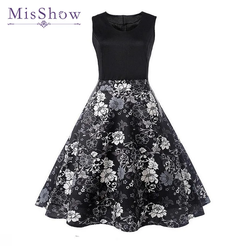 

MisShow Fresh Elegant Black Women Dress White Flower Printed Short Ball Gown Summer Dress Ladies Dress Bodycon Retro 1950s