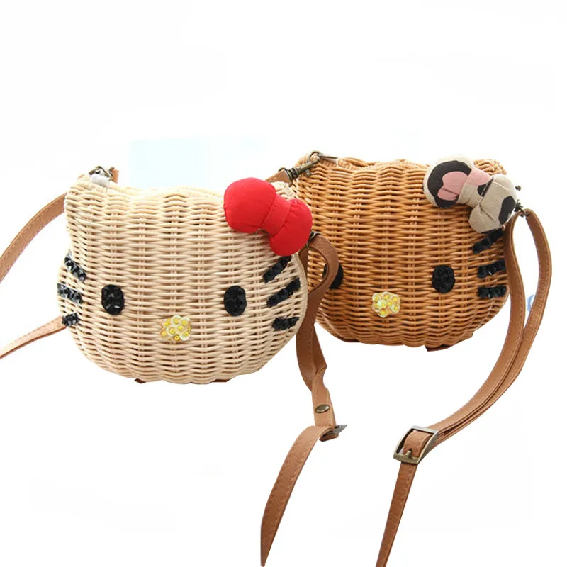 Женские милые сумки из ротанга, Соломенная пляжная сумка с рисунком котенка из мультфильма, плетеная корзина высокого качества, сумка-мессенджер для девочек