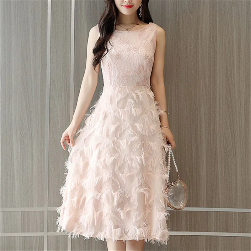 

Summer Fashion Women Sexy Lace Patchwork Vest Elegant Dress Vintage Dress Tassel Feather Slim Sleeveless Party Dresses