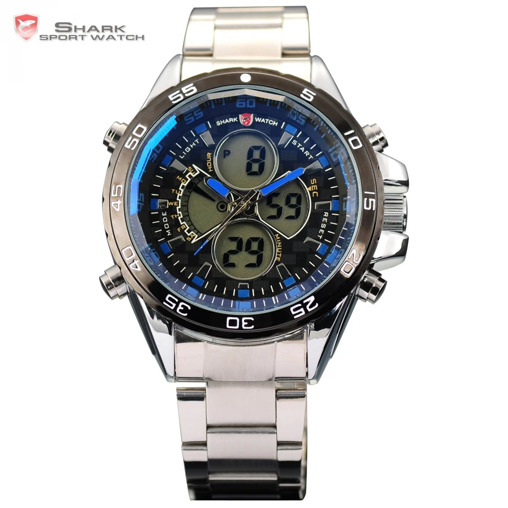 

SHARK Sport Watch LCD Alarm Dual Time Date Day Stopwatch Silicone Strap Blue Montre Men Clock Quartz Digital Wrist-Watch / SH058
