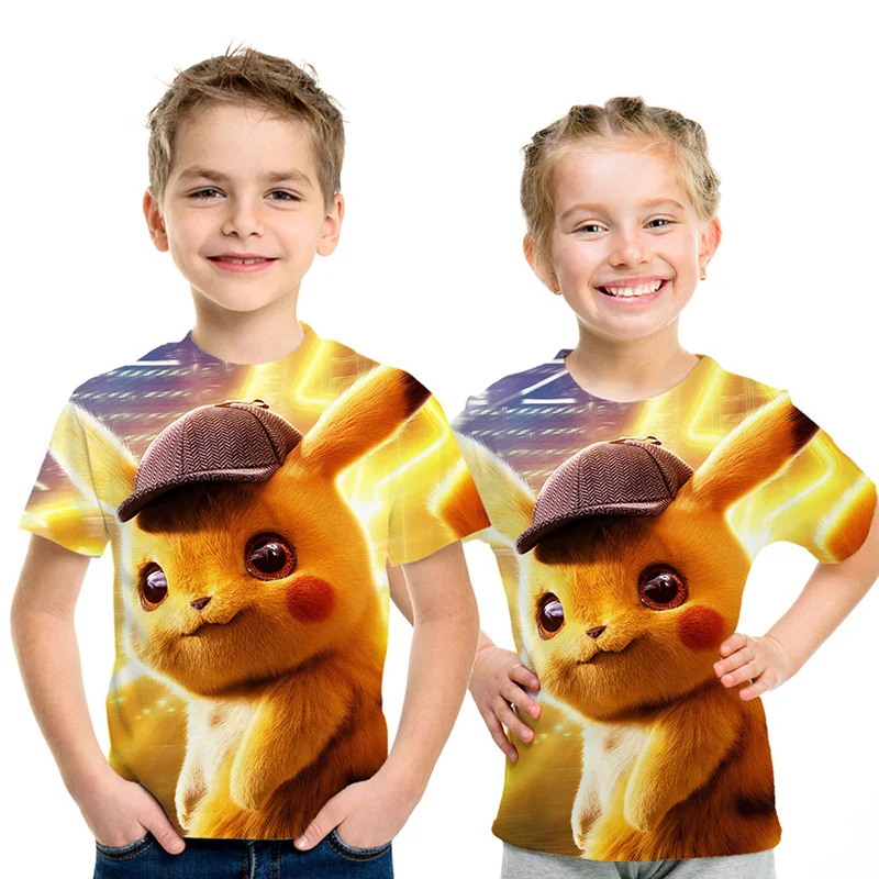 Новинка года, Детская футболка с рисунком Детская футболка с 3D принтом покемона, детектива Пикачу летняя футболка с короткими рукавами Топы для мальчиков и девочек