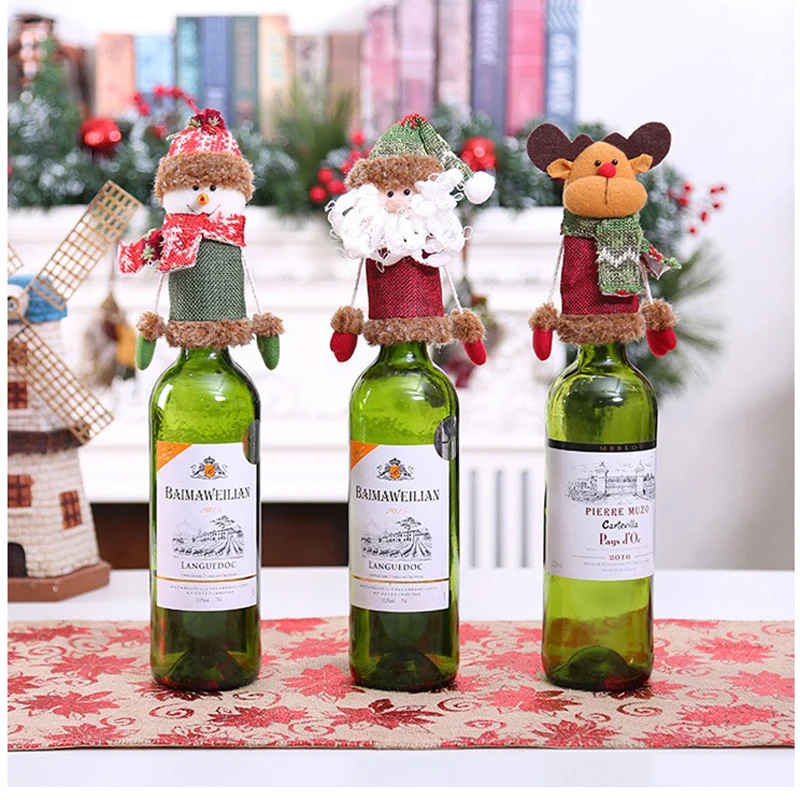

European Christmas Accents Green Red White Santa Snowman Reindeer Design Non-woven Fabrics Wine Bottle Cover