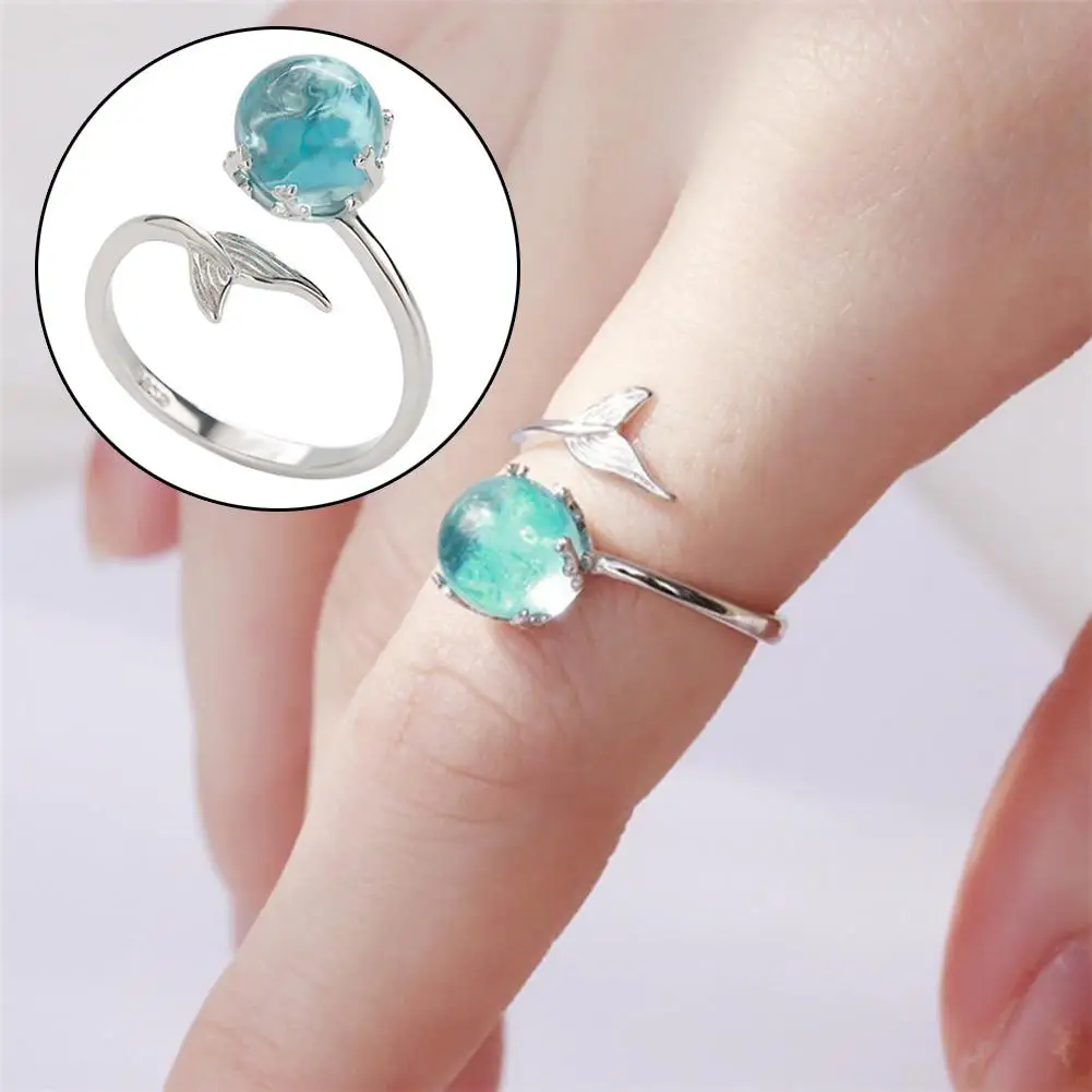 

Adjustable Mermaid Tail Blue Rhinestone Bubble Finger Opening Women Ring Gift