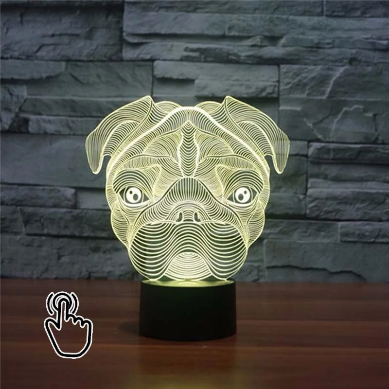 3D LED Симпатичные мопса ночник ребенок животного огни Настольные лампы для