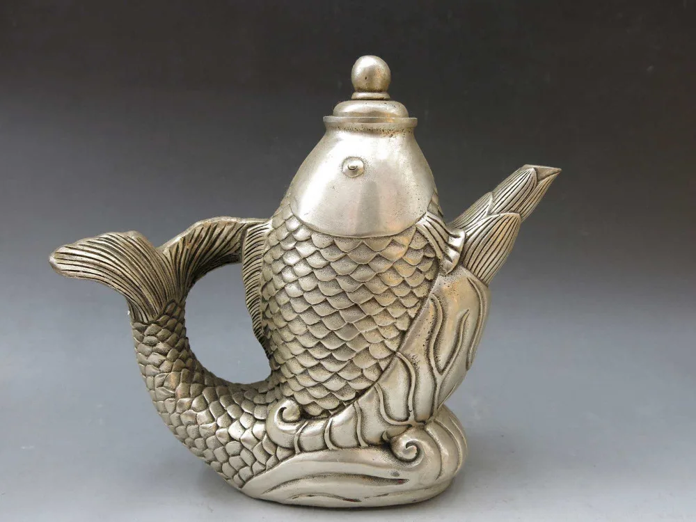 8" China handwork silver fine fish pot carp beautiful Teapot sculpture