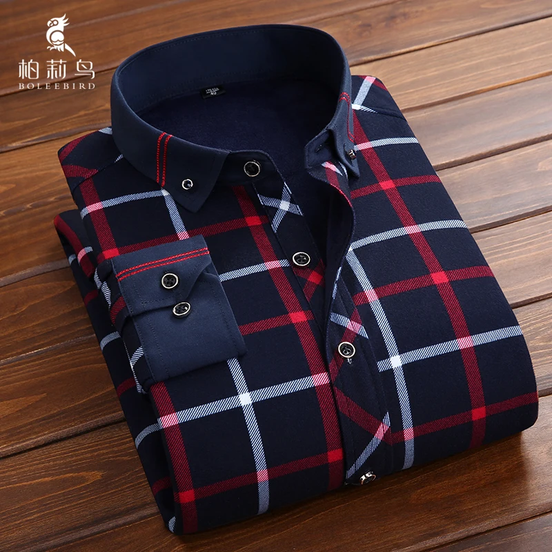 Men's Winter Thick Warm Plus Velvet Long Sleeve Plaid Shirts with ...