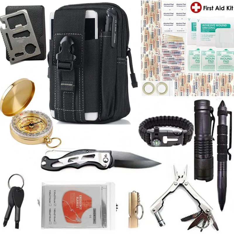 Outdoor Survival Gear Emergency Equipment for Camping Hiking Survival Tools Whistle SOS Flashlight Tactical Pen First Aid Kit (11)